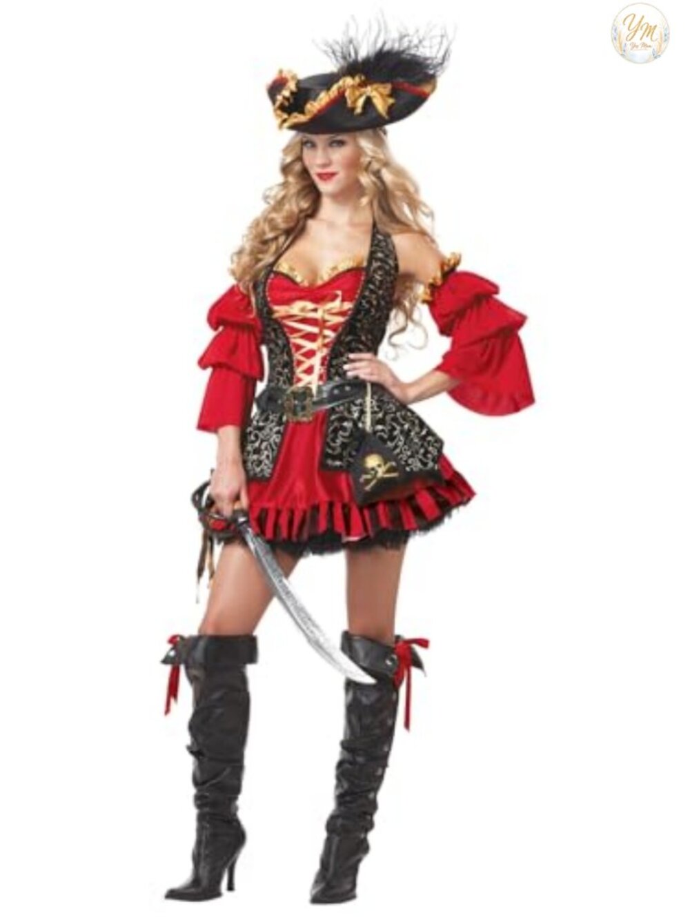 Women's Spanish Pirate Costume Set Dress Hat Sleeves Belt Pouch Small